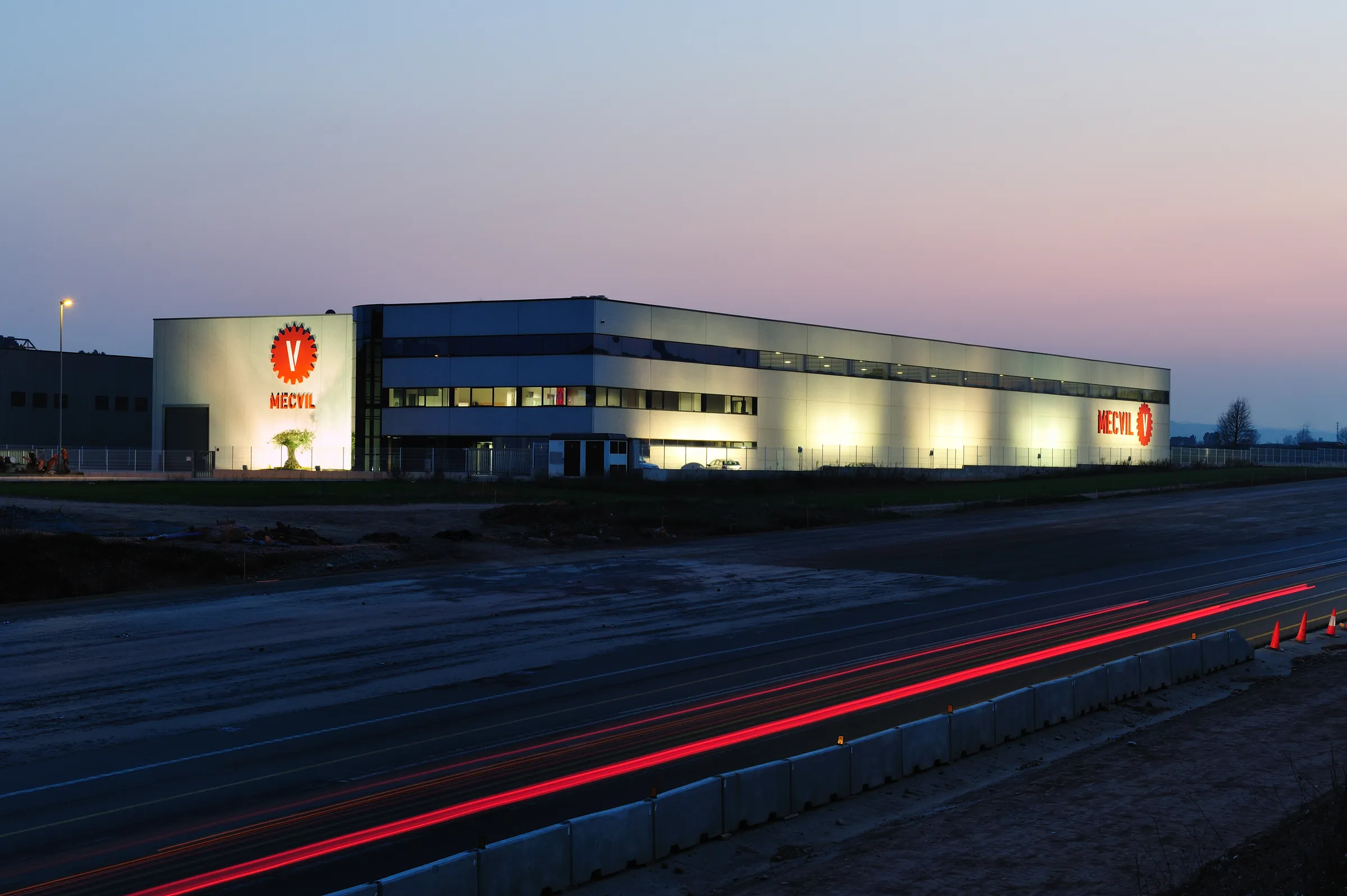 MECVIL industrial facilities at night — large-scale manufacturing plant in Sallent, Barcelona